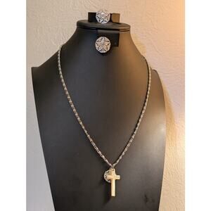 Vintage MOP Carved Star Clip Earrings & Roget Chain Cross & Pendant Necklace